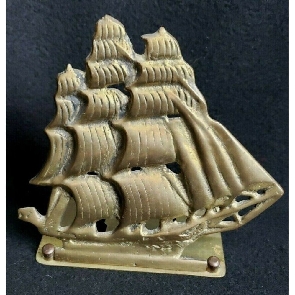 Vintage MCM Brass Clipper Sailing Ship 6" Single Bookend Door Stop Nautical 60s